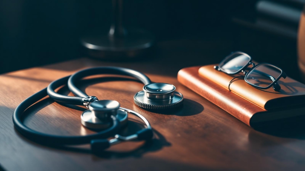 A physician’s stethoscope resting on a walnut desk beside a leather journal